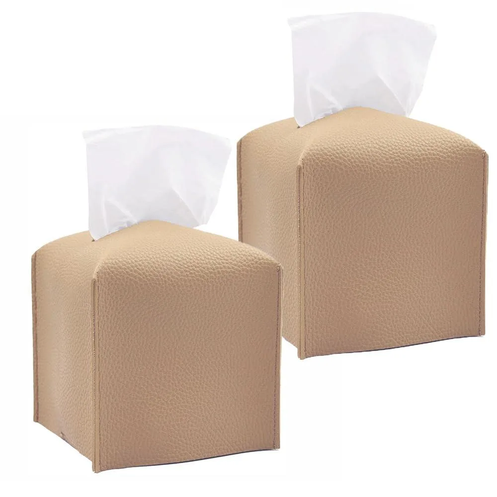 Two square beige PU leather tissue box covers with pebble grain texture