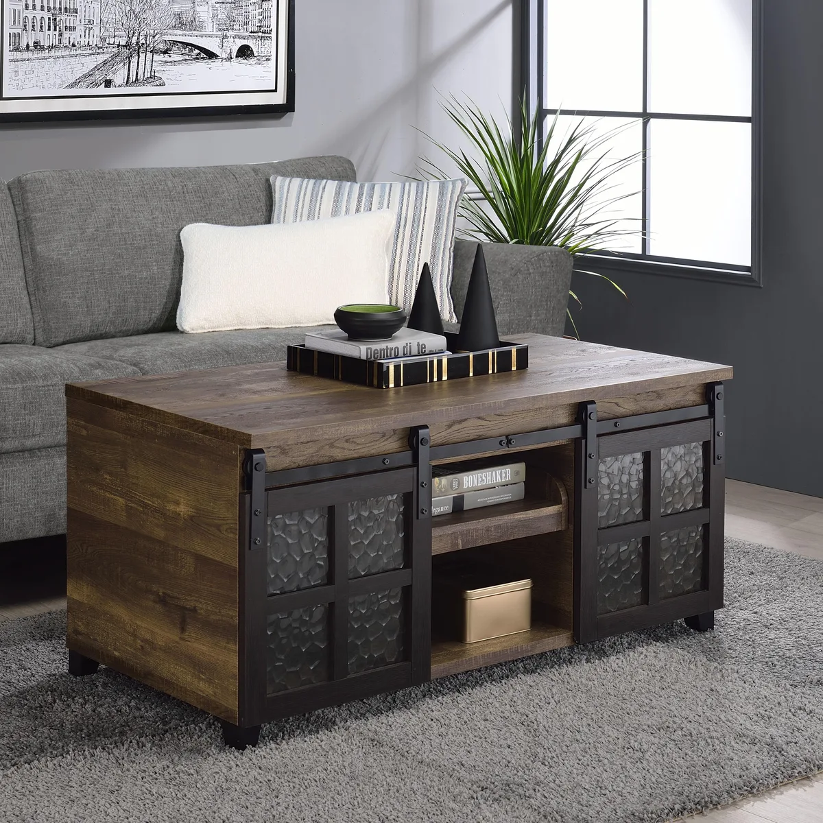 tuphen tuphen Rustic Oak and Black Occasional Table with Sliding Doors — product photo