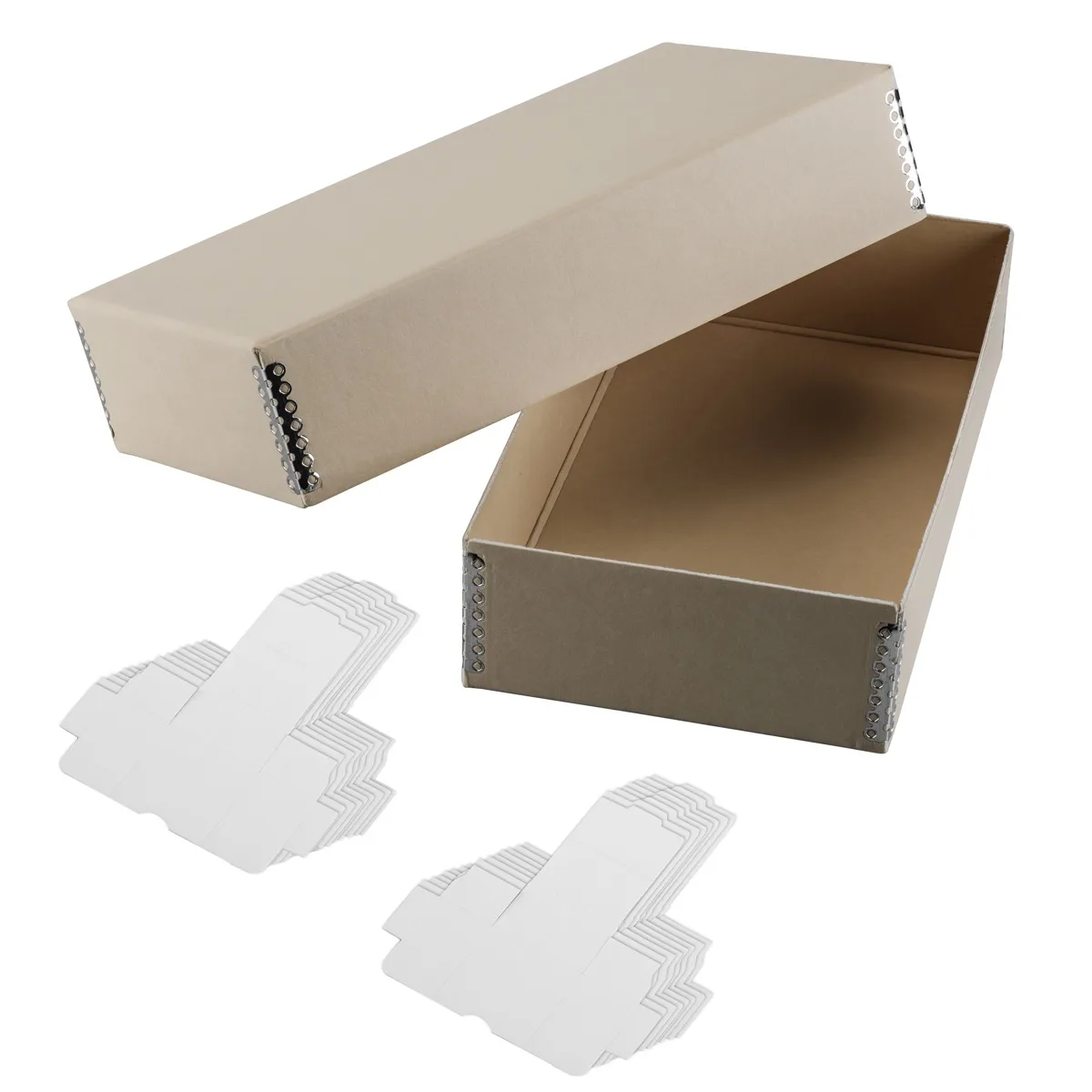 Lightweight corrugated card box with metal corners, holds 400 35mm slides in divider boxes