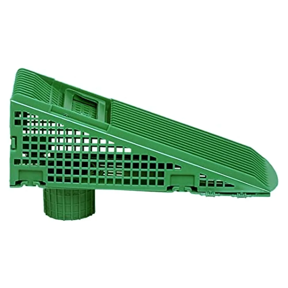 White plastic wedge-shaped gutter clamp with sloped screen design