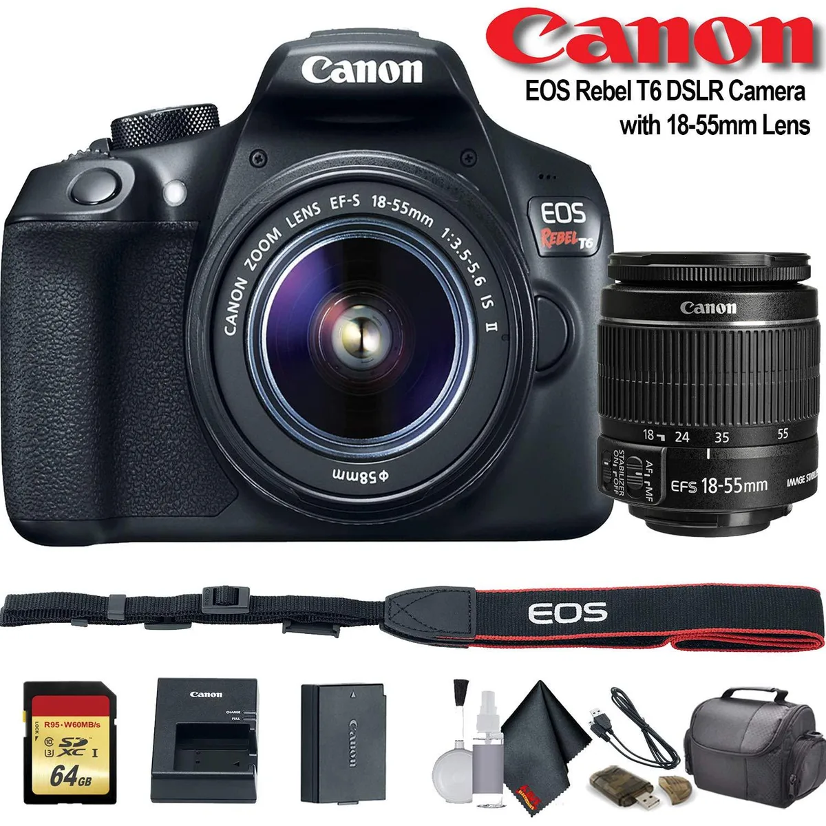 Canon Canon EOS Rebel T6 18MP DSLR Camera 18-55mm Lens 64GB Card Starter Bundle — product photo