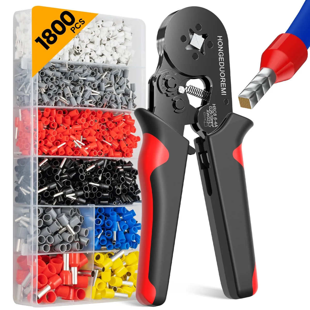 Red storage box containing 1800pcs wire ferrules and crimping pliers
