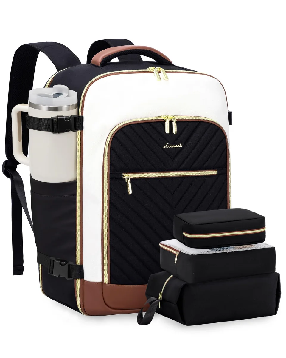 Large black polyester travel backpack with beige accents, suitcase-style opening and trolley sleeve