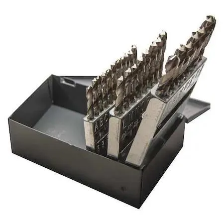 Transparent plastic case holding 26 silver drill bits labelled A through Z