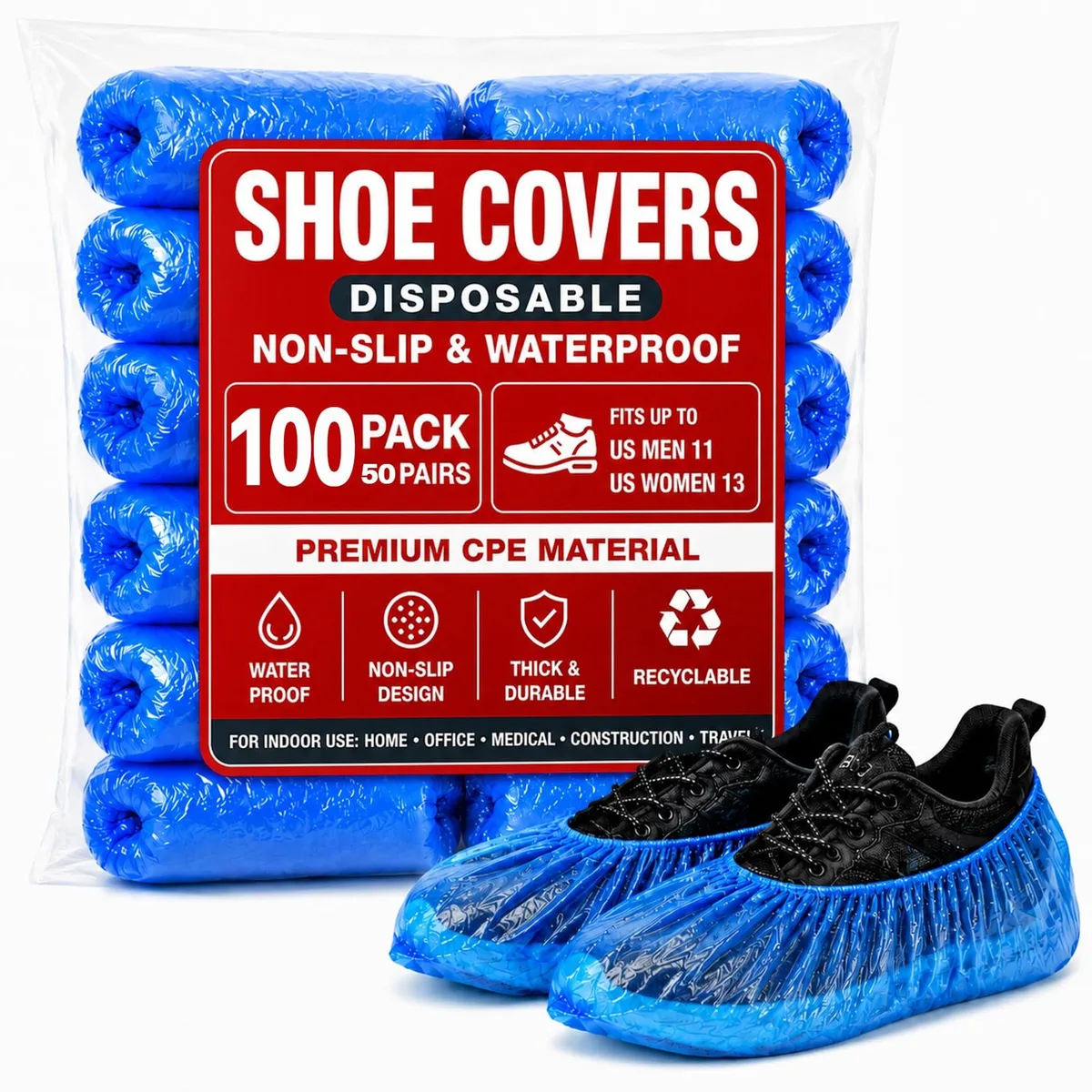 Blue disposable plastic shoe covers, pack of 100, elastic openings, textured soles
