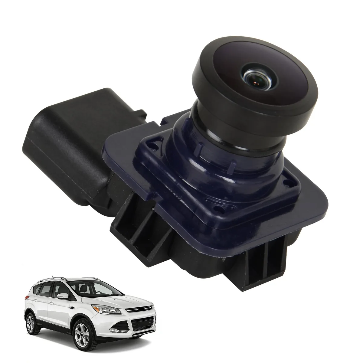 Small black rear-view camera with wide lens and wiring harness