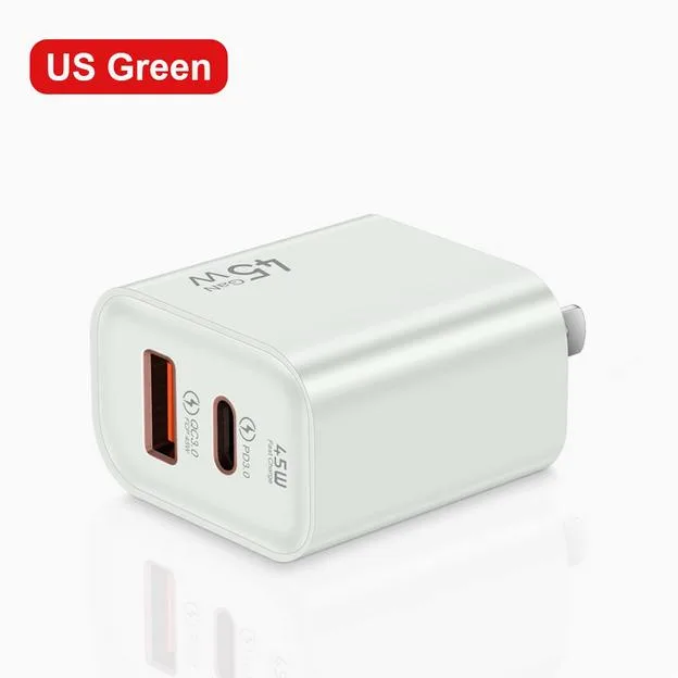 Compact green wall charger with USB-C and USB-A ports