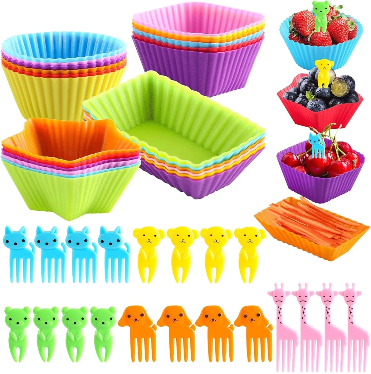Set of 24 flexible silicone bento dividers with 20 assorted animal picks