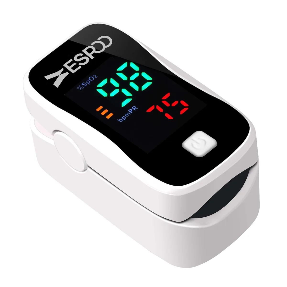 Small white fingertip pulse oximeter with LED display and lanyard
