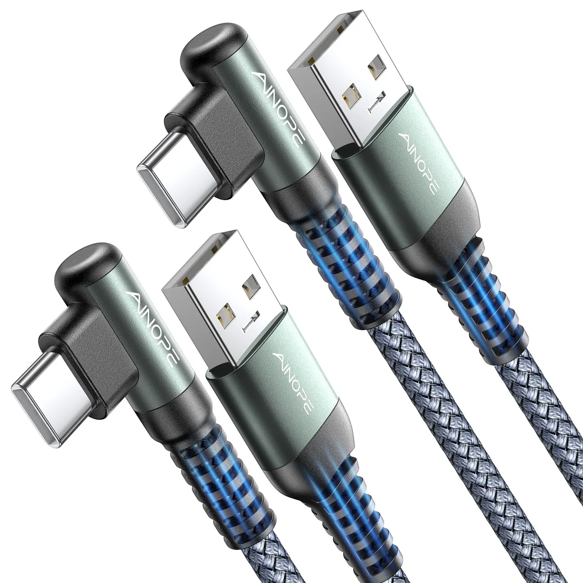Two grey right-angle USB-C to USB-A cables with braided nylon finish