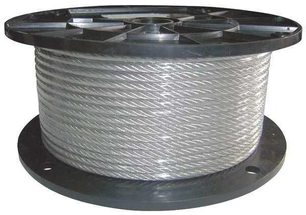 Coiled silver vinyl-coated galvanized steel wire rope 25 ft long 1/16 in diameter