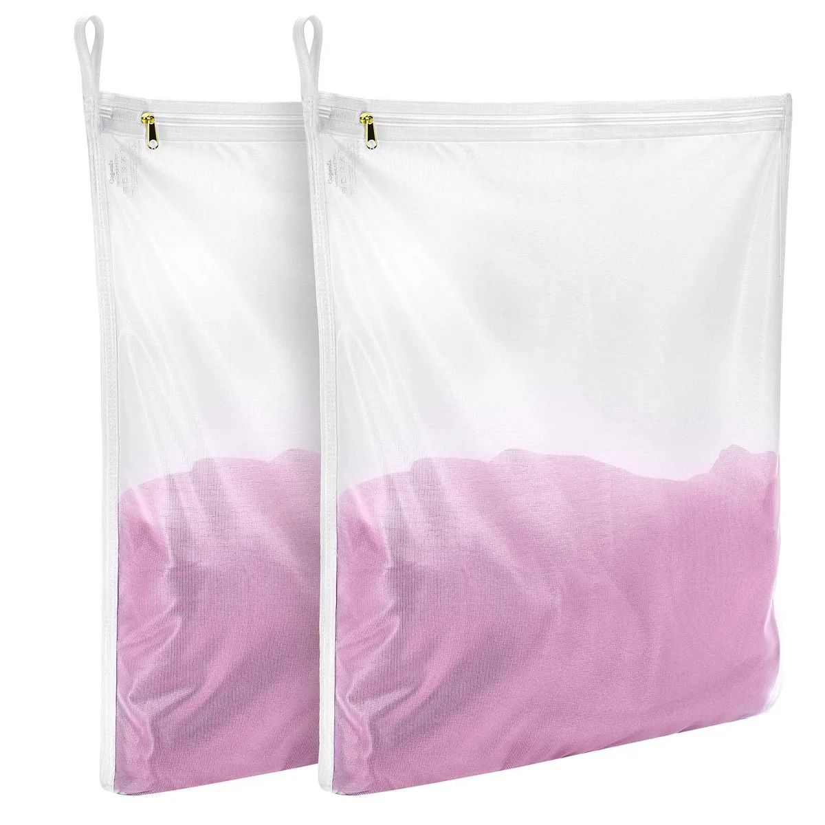Two white fine-mesh laundry bags with metal zippers and hanging loops, 20 by 16 inches