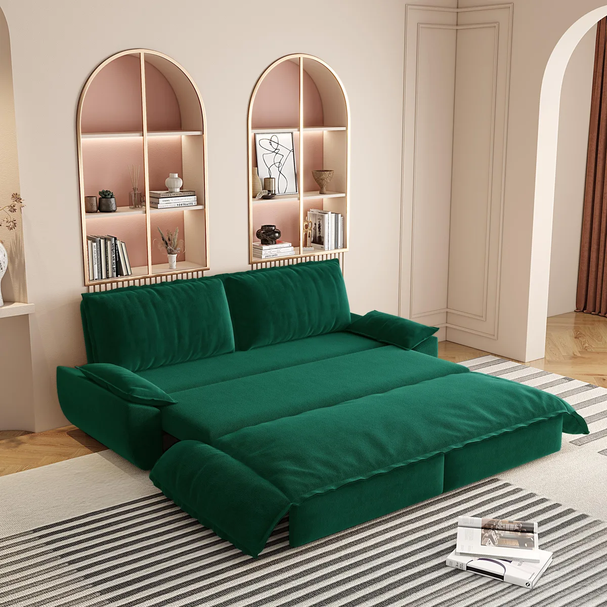 Green velvet pull-out sofa bed, queen size, 73.2 inches wide