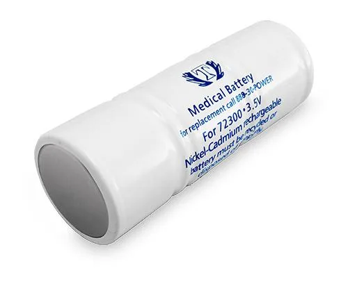Cylindrical 3.6v NiCD battery, silver metal casing, 70.6mm tall, 25.4mm wide