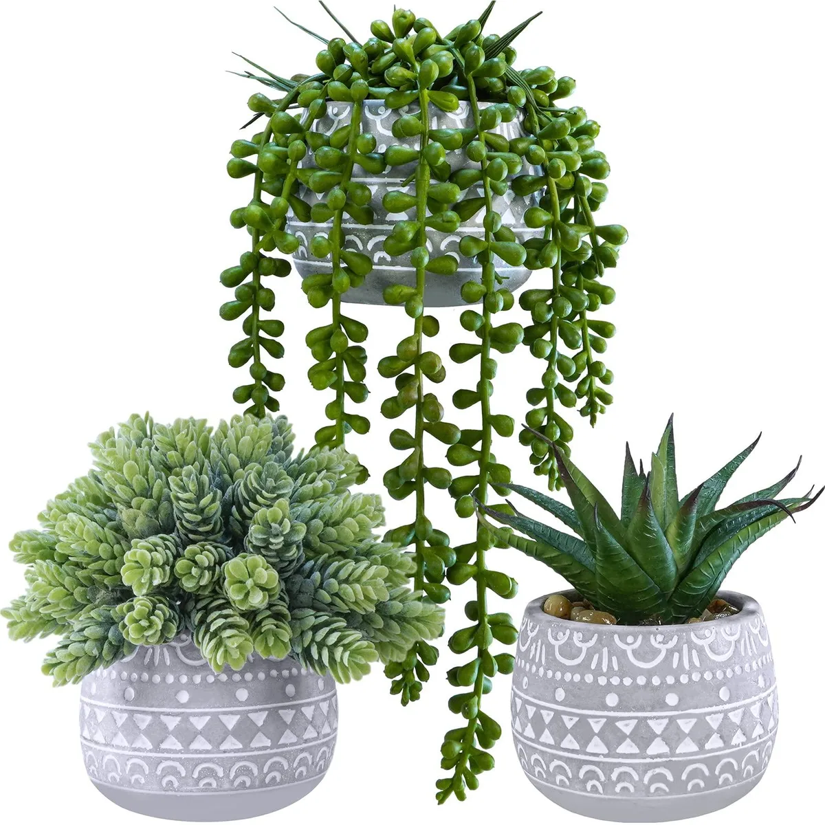 Three small artificial succulents in gray geometric concrete pots