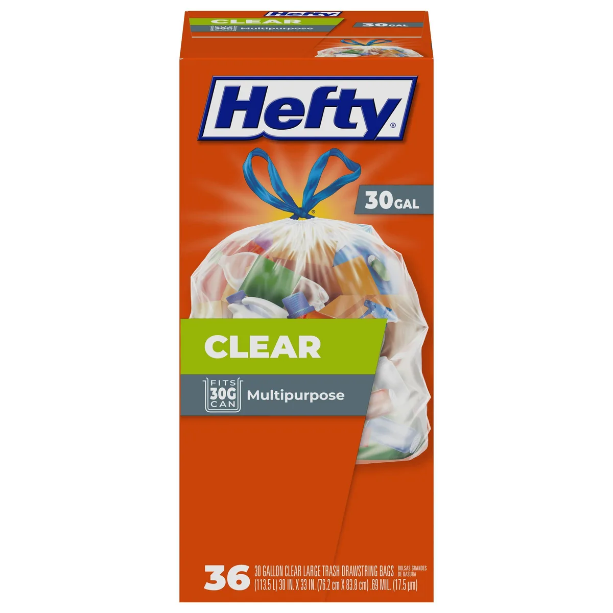 A clear plastic box holding 30-gallon drawstring trash bags