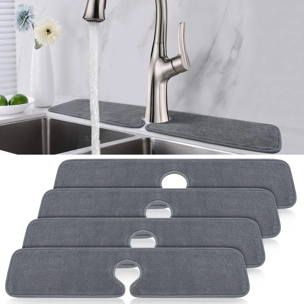 Four grey microfiber splash mats folded flat showing central faucet hole
