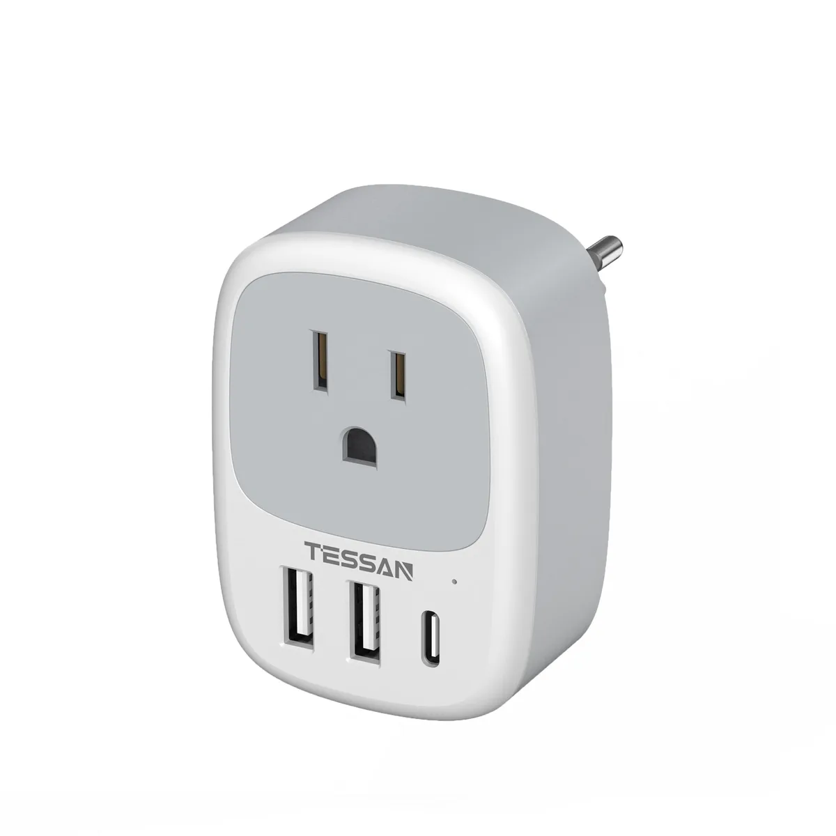  TESSAN TS-TA03USEU European Travel Plug Adapter Grey 3 USB Ports 1 USB C 88g — product photo