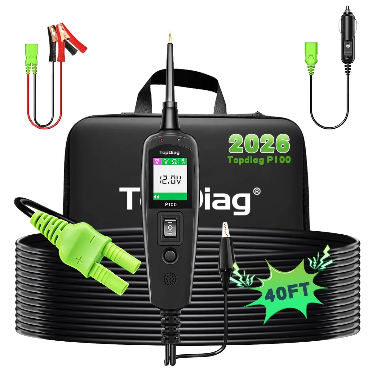 Handheld automotive circuit probe tester with long cables and digital display