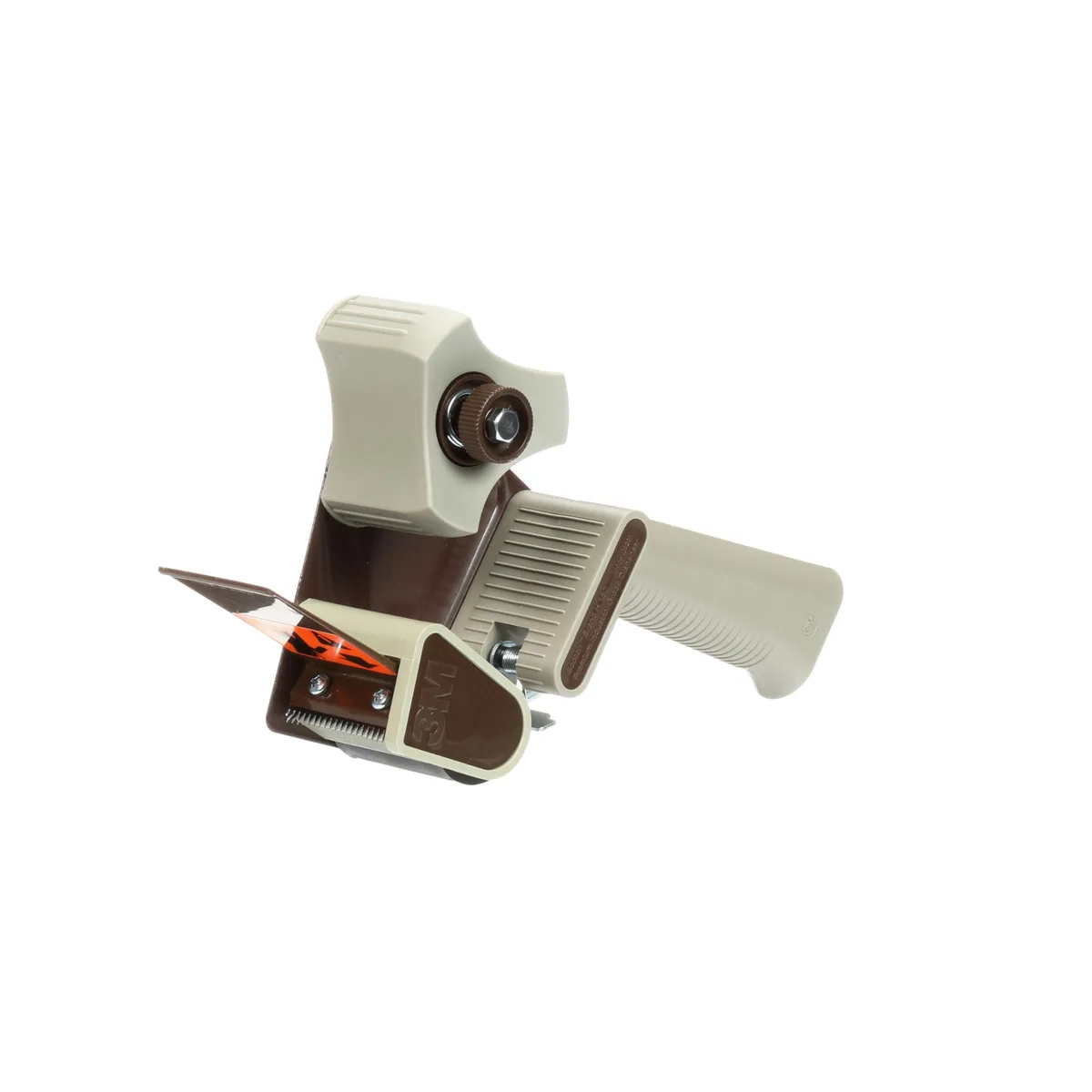 Grey handheld tape dispenser with pistol grip and metal cutting blade