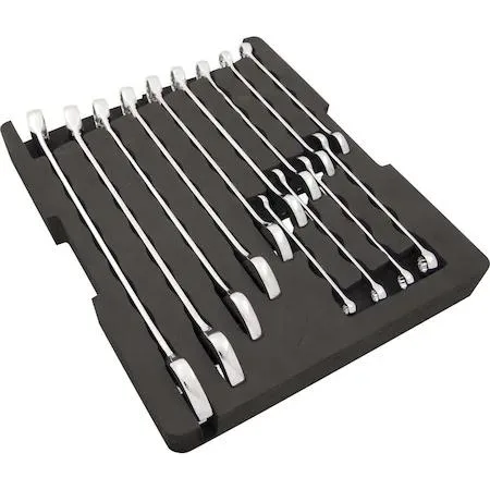 Fourteen SAE wrenches in black and orange foam tray