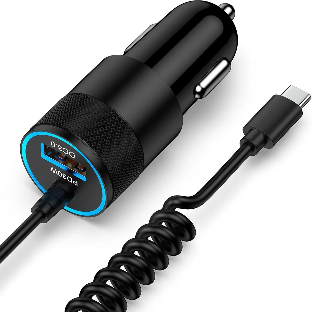Hamzan Hamzan Car Charger 30W USB-C Coiled Cable 2.8FT 18W USB-A — product photo
