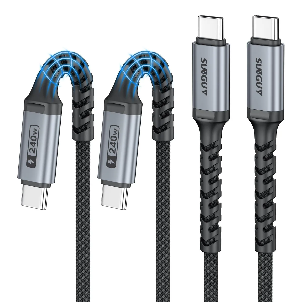 Two grey braided USB-C to USB-C cables, three feet each