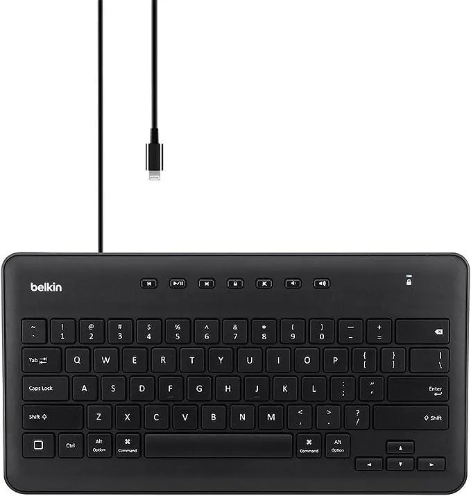 Black wired keyboard with built-in Lightning cable for iPad