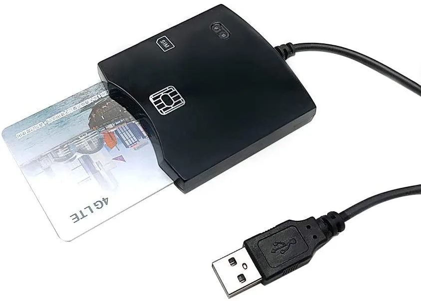 Black rectangular smart card reader with SIM slot on left side, USB connector, matte plastic finish