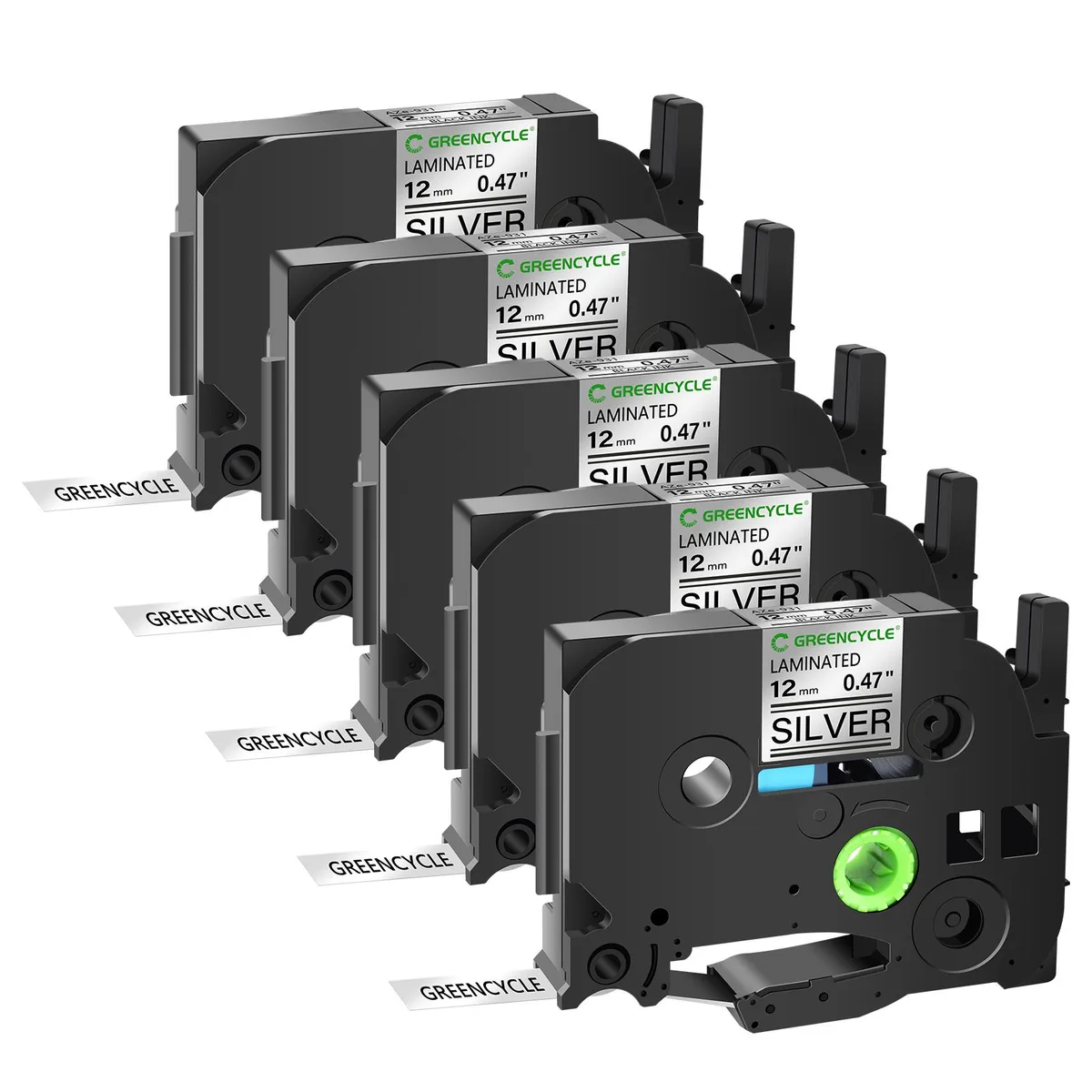 GREENCYCLE GREENCYCLE TZe-931 12mm 0.47" Black on Silver Laminated Tape 5 Pack — product photo