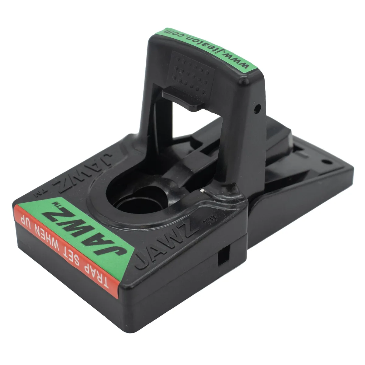 Twenty-four small plastic snap traps in a rectangular box, each with a red set indicator and yellow bait pedal