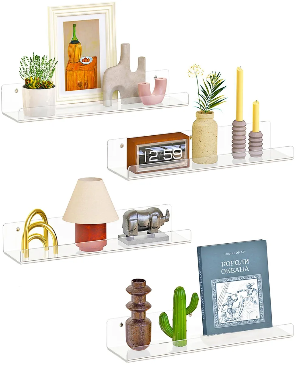Four clear acrylic wall shelves, 15 inches long, rectangular with front lip, modern transparent finish