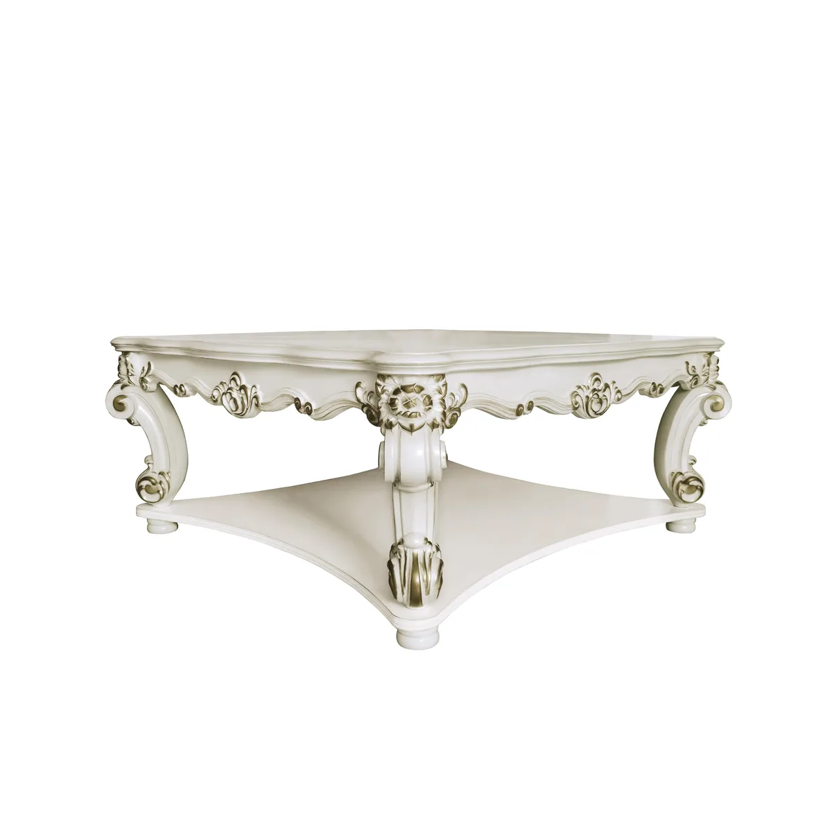 Square occasional table in off-white finish with scrolled legs and lower shelf