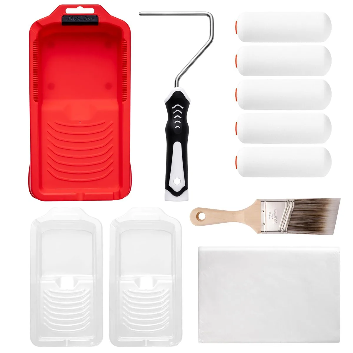 Mister Rui 4 inch foam paint roller kit with magnetic tray, liners, brush and drop cloth