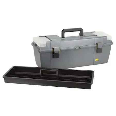 Gray plastic tool box 26 inches wide with heavy duty handle