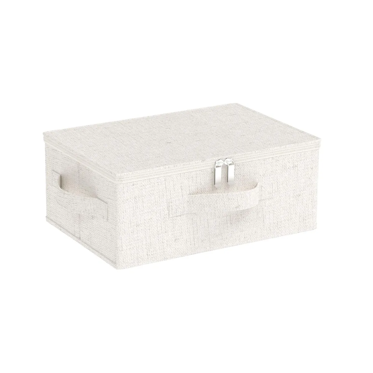 Beige fabric under-bed storage basket with lid, handles and zips