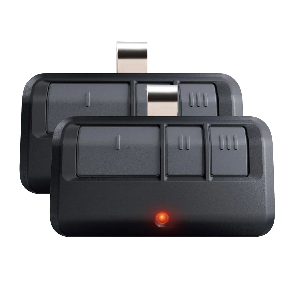 Two small rectangular black remotes with buttons and visor clips