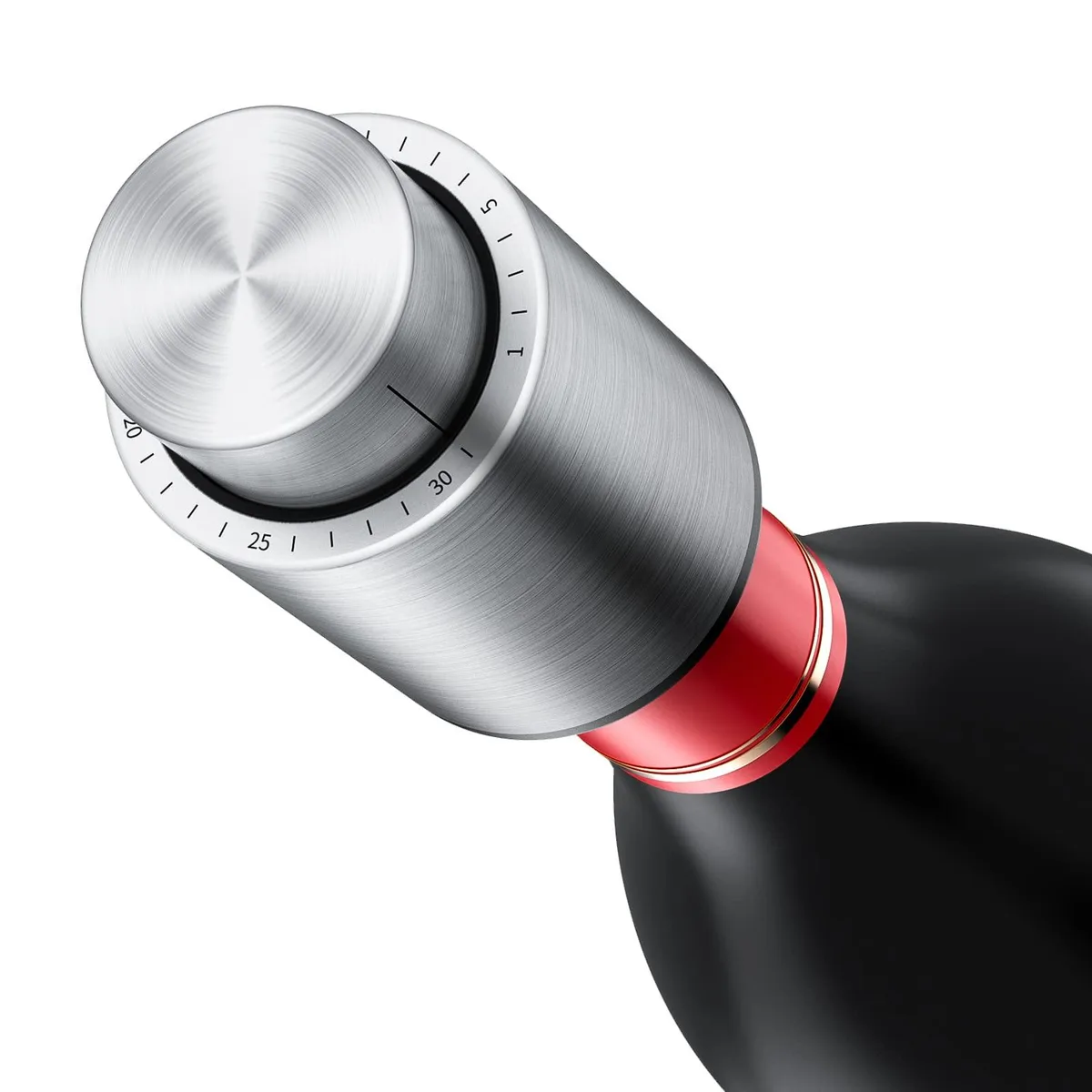 Black stainless steel vacuum wine stoppers with date dials and integrated pumps, seven-piece set