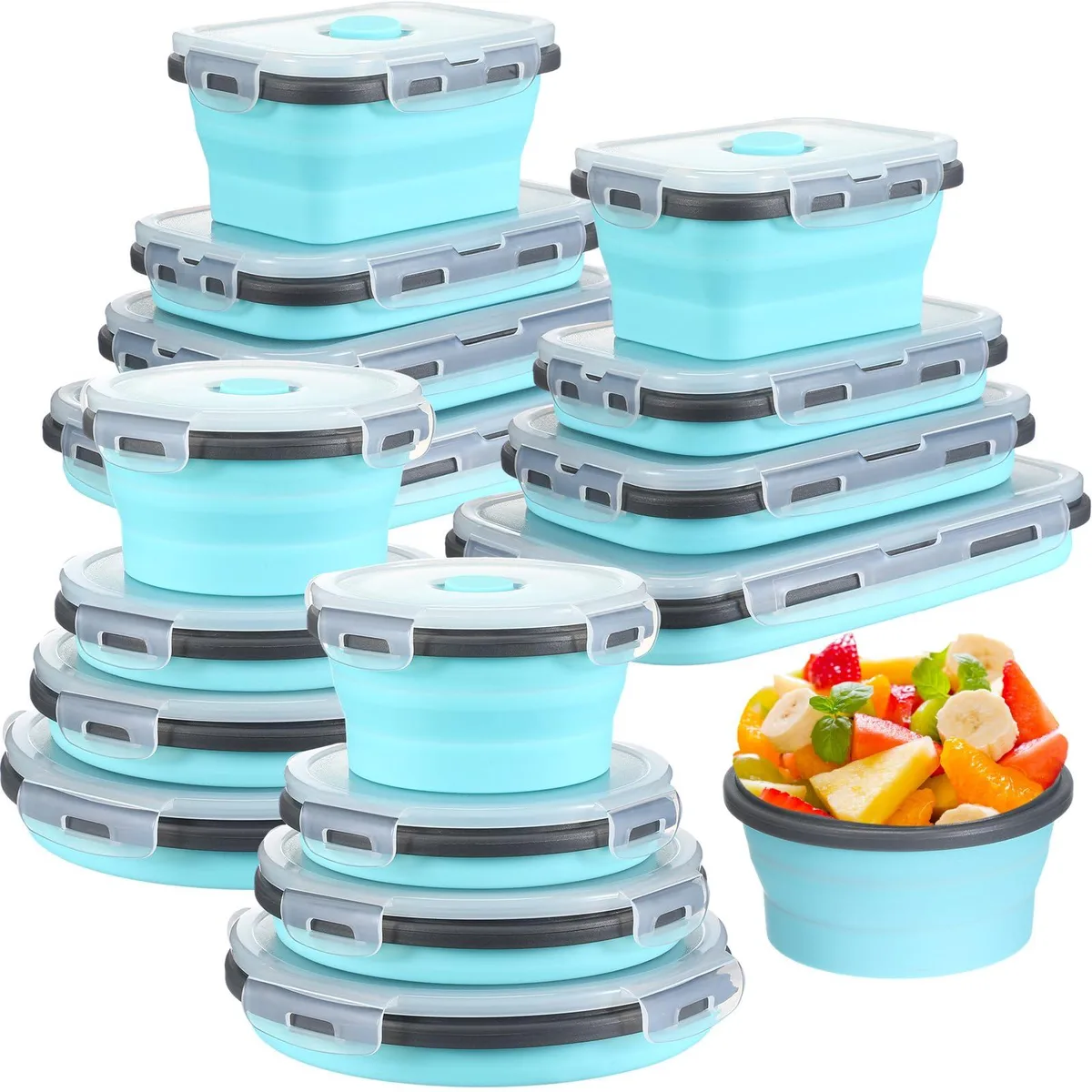 Sixteen collapsible silicone bowls with lids, round and rectangular, grey and blue
