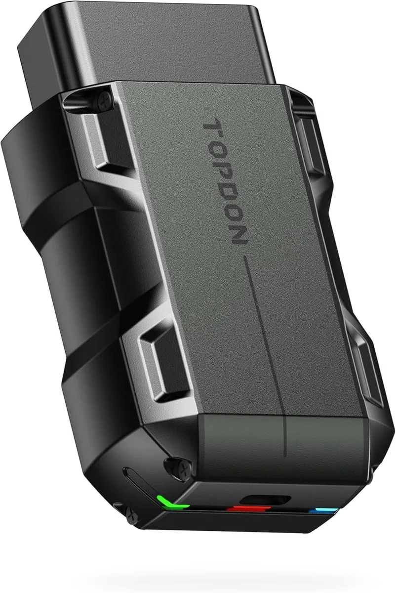 Compact OBD2 scanner dongle with Bluetooth antenna, matte black plastic housing, 16-pin connector exposed