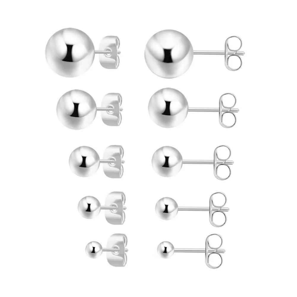 Five pairs of hollow polished 925 silver ball studs sizes 2 to 6 mm with butterfly and silicone backs