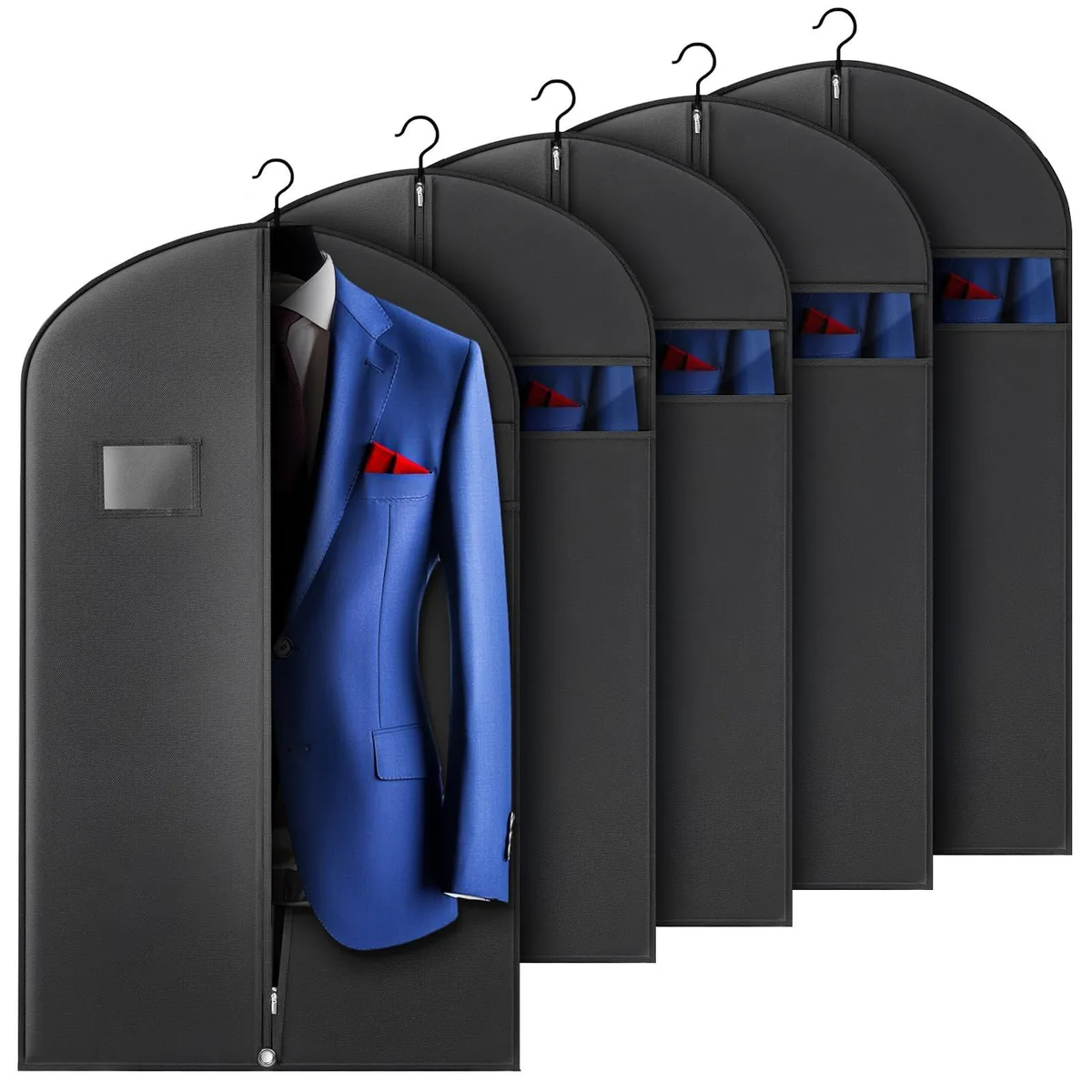 Five beige polyester garment bags, 40-inch length, transparent window, zipper closure