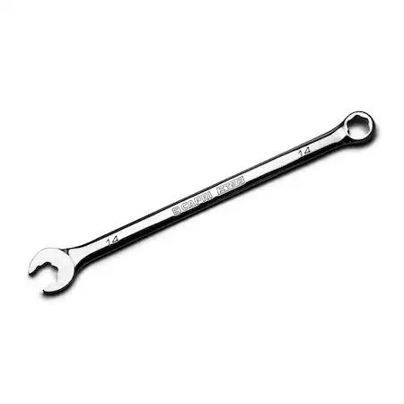 Polished 14 mm combination wrench with extra-long handle and offset box end