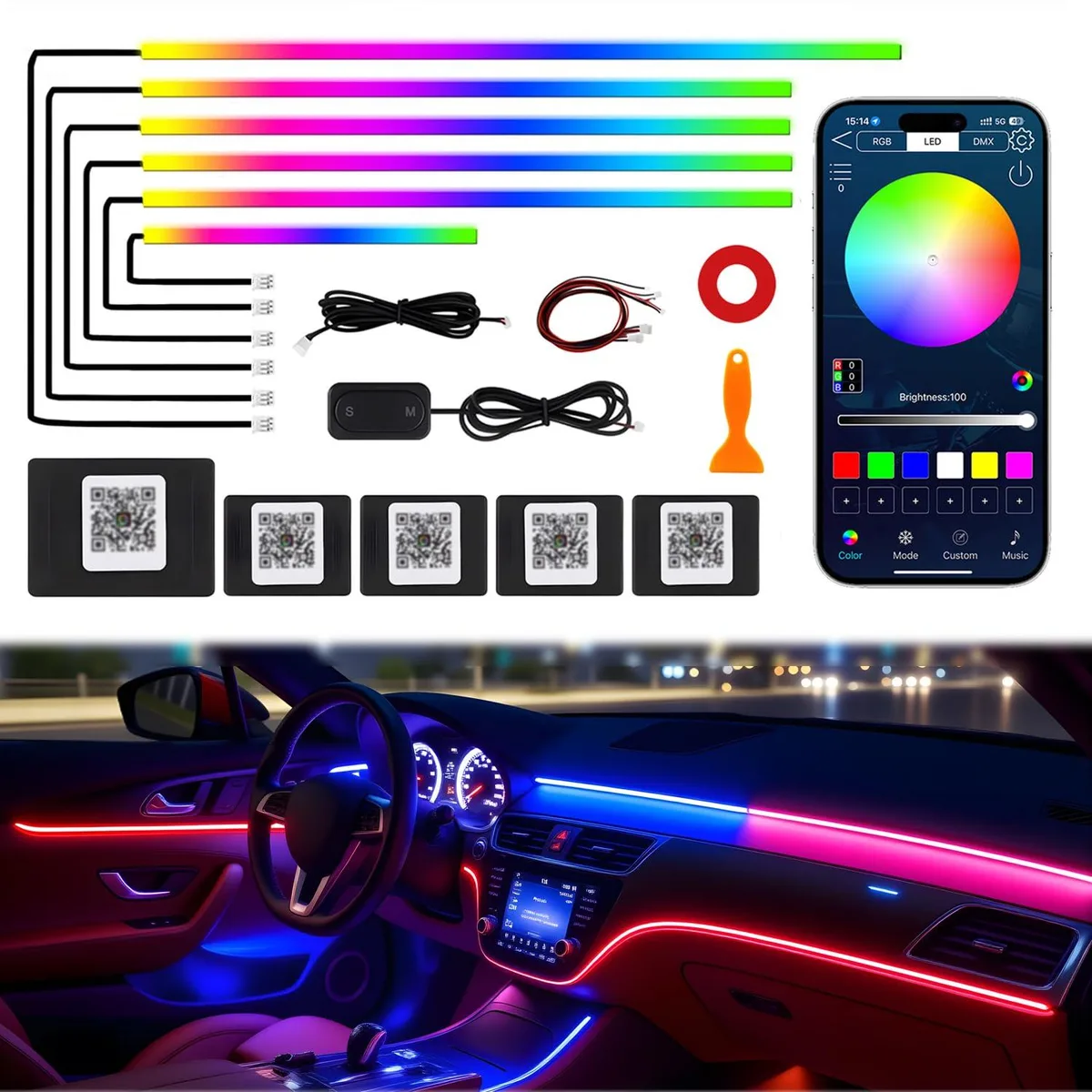  Dreamcolor Acrylic Interior Car LED Strip Lights 6 in 1 Kit — product photo