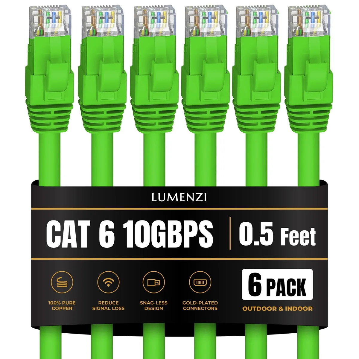 Lumenzi Lumenzi Cat 6 Ethernet Cable .5 FT Green 6 Pack 10 Gbps 550 MHz Bare Copper Shielded RJ45 — product photo