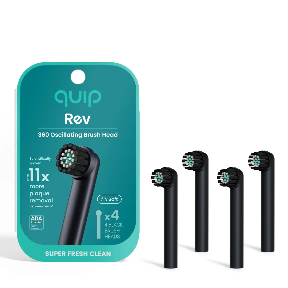 Four black compact oscillating brush heads with soft dual-length bristles