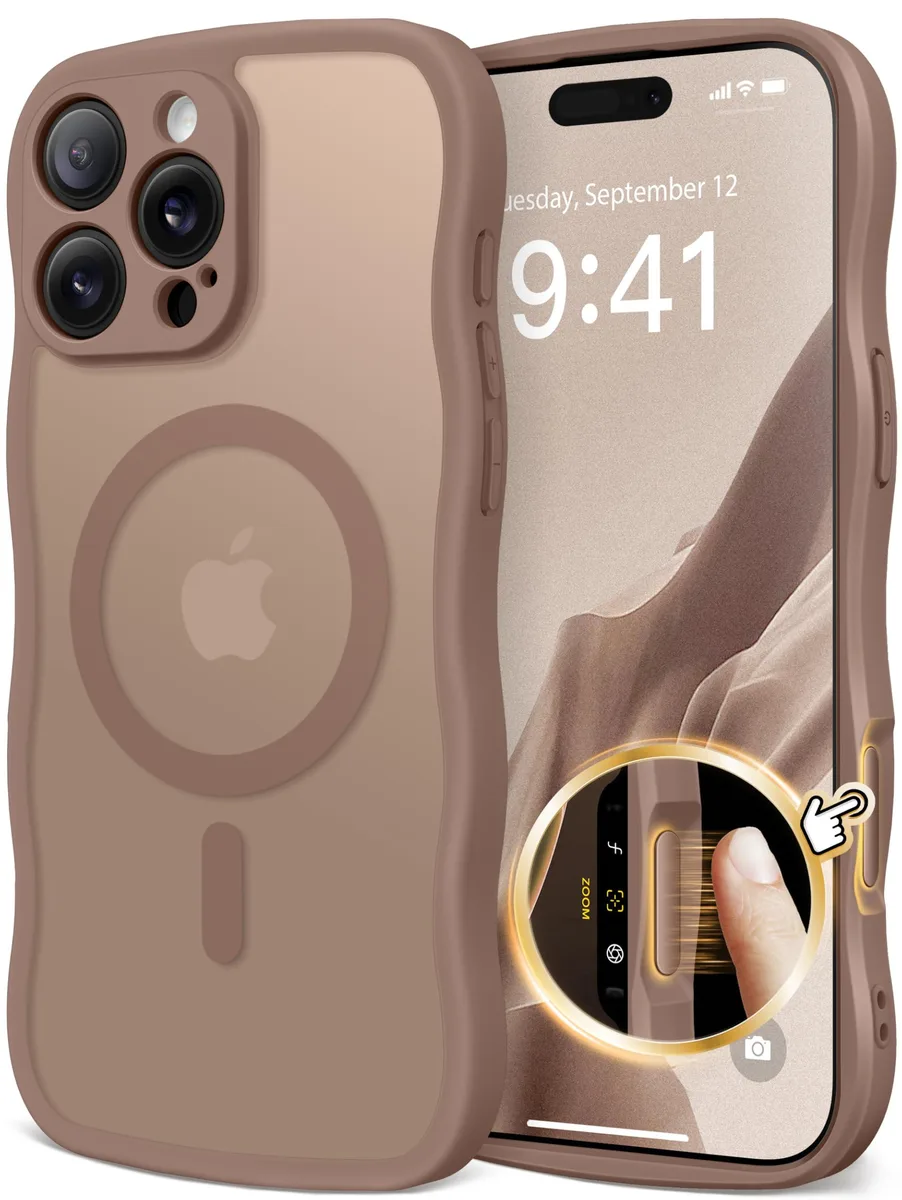 Brown translucent matte iPhone 16 Pro Max case with wavy frame and raised camera border