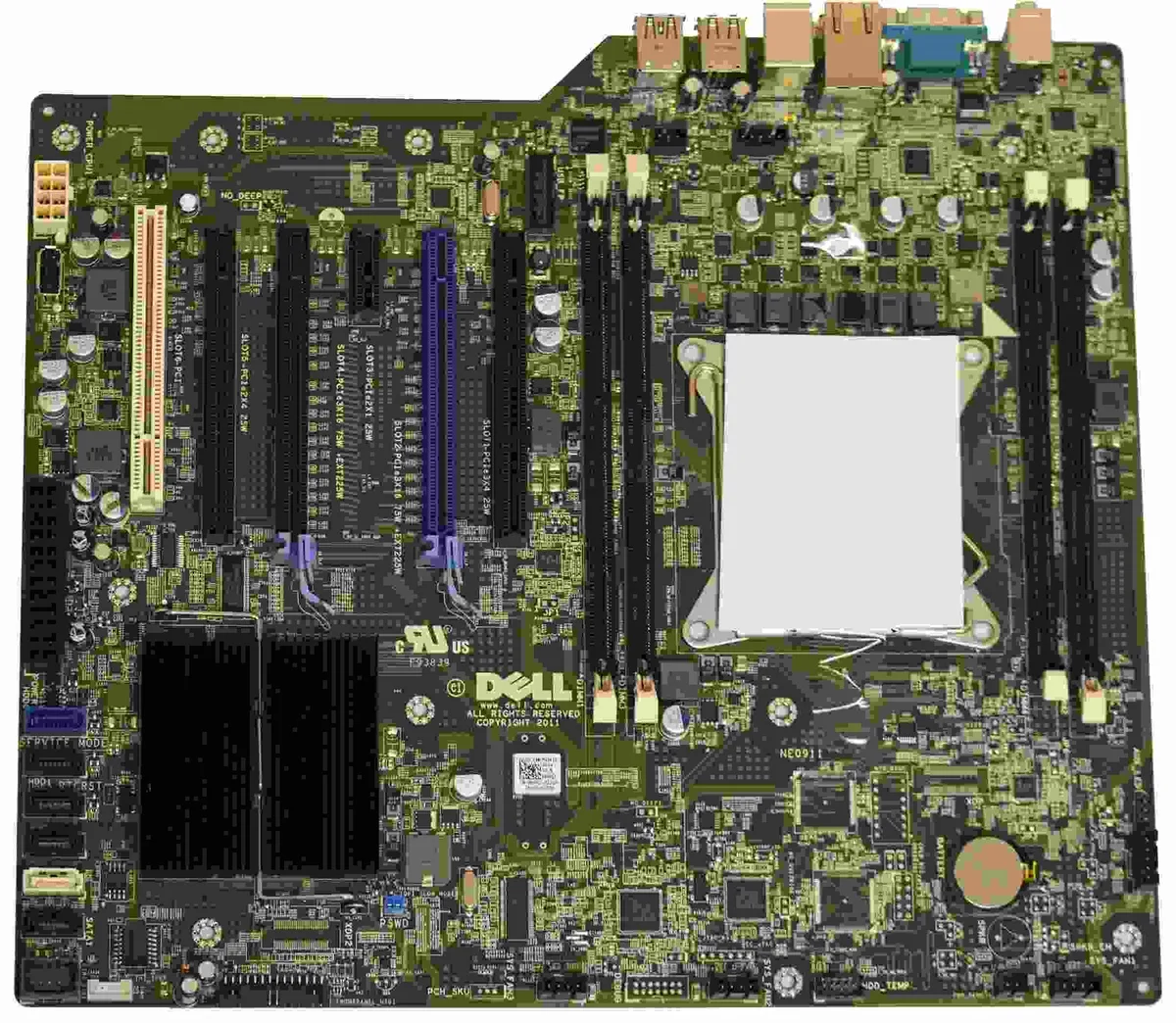 Green rectangular Dell system board with LGA2011 socket and components