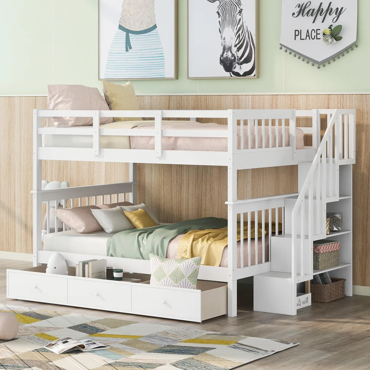 White solid-wood full-over-full bunk bed with integrated stair drawers and guard rail