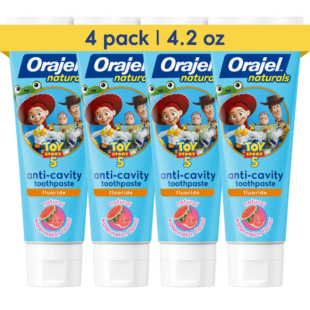 Four 4.2 oz white tubes in a rectangular box with Toy Story characters